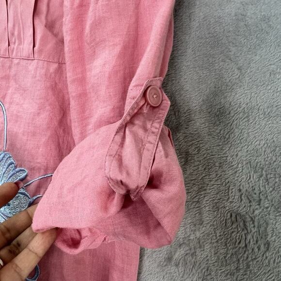 Allison Taylor Linen Silk Trim Pink Button Down Embroidery Long Sleeve Blouse M - Picture 6 of 12